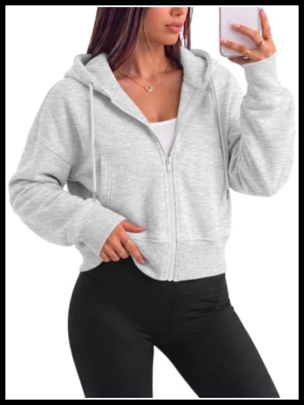 Women's Cropped Zip Up Hoodie Drop Shoulder Cotton Blend Sweatshirt